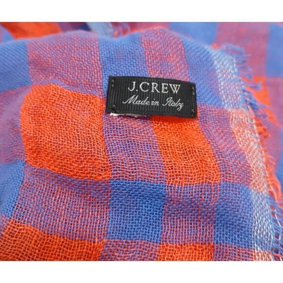J crew women Italian linen huge Buffalo Plaid poncho scarf wrap blue red square - Picture 6 of 6